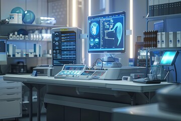 Leinwandbilder - A modern medical laboratory featuring advanced medical equipment and an AI-powered diagnostic tool analyzing patient data on a large screen. Generative AI