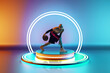 © master1305 - Focused man, basketball player in dynamic pose with ball on podium with led circle against colorful gradient background in neon. Concept of sport, competition, tournament, game, futurism. 3D render