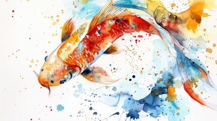 Wall Mural - Abstract fish watercolors on white background