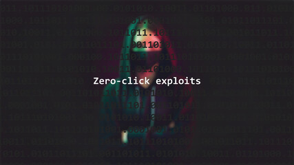 Cyber attack zero-click exploits text in foreground screen, anonymous hacker hidden with hoodie in the blurred background. Vulnerability text in binary system code on editor program.