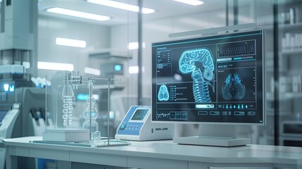 Leinwandbilder - A modern medical laboratory with high-tech AI-powered diagnostic tools. A large screen displays patient data analyzed by a scanner. Generative AI