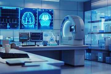 Leinwandbilder - A modern medical laboratory showcasing cutting-edge technology, including a high-tech scanner and large screens displaying patient data. Generative AI