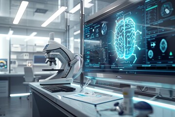 Fototapete - A modern medical laboratory featuring advanced medical equipment and an AI-powered diagnostic tool analyzing patient data on a large screen. Generative AI