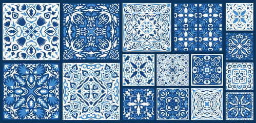 Naklejka na meble  Portuguese and Spain azulejo. Ceramic tile in talavera style. Vector tile pattern, Lisbon floral mosaic, Mediterranean seamless navy blue ornament