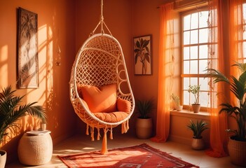 interior design style- reading nook with a hanging rattan chair, cozy floor pouf, and a macrame wall hanging