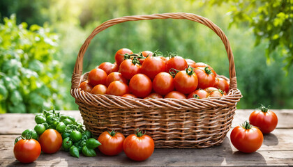 Wall Mural - A basket filled with tomato is placed on top of a wooden table, showing the harvest of fresh produce. Healthy food, summer vegetables. Design for banner, poster with copy space. Agricultural natural