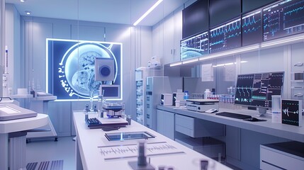 Leinwandbilder - A modern medical laboratory showcasing advanced technology, including an AI-powered scanner analyzing data on a large screen. Generative AI