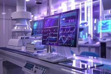 Leinwandbilder - A modern medical laboratory with AI-powered diagnostic tools. The image shows a high-tech scanner analyzing patient data on a large screen. Generative AI