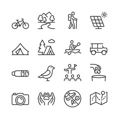 ecotourism and sustainable travel, icon set. featuring hiking, biking, camping, river rafting, and w