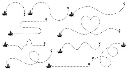 marine vessels routes dotted lines. sea ship with track collection. ship path set. travel path icon 