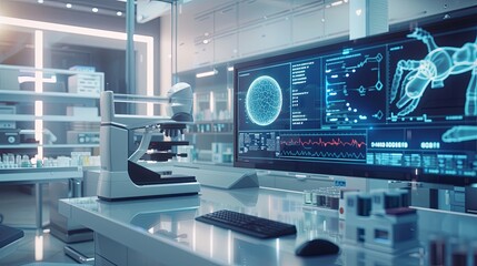Leinwandbilder - A sterile and modern medical laboratory featuring a high-tech scanner displaying patient data on a large screen, showcasing the use of AI in advanced medical diagnostics. Generative AI
