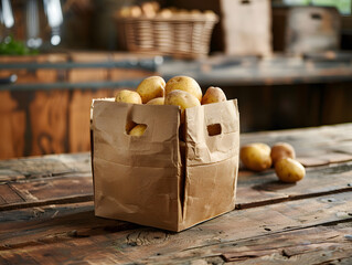 Wall Mural - A bag of potatoes is resting on a hardwood table, ready for a delicious recipe