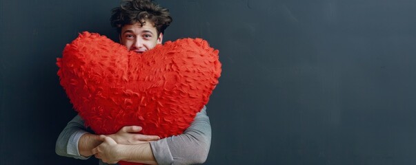 A young man in a plaid shirt embraces a large, plush red heart-shaped pillow against a dark, neutral background. This heartwarming image is ideal for themes of love, romance, and emotions.