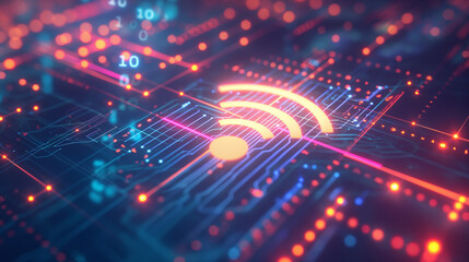 Wall Mural - an abstract representation of a wireless network with a glowing wifi symbol amidst digital data stre