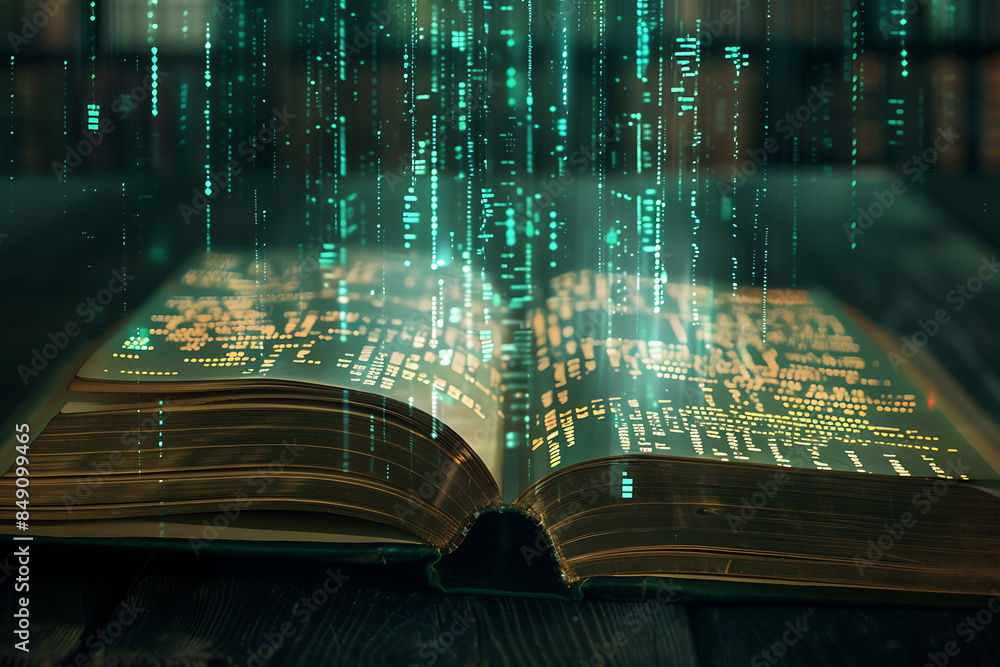 a futuristic magical book covered in binary code, combining magic and ...
