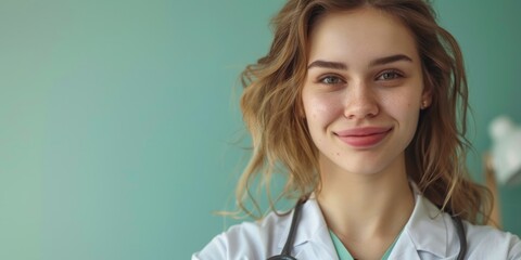 Wall Mural - Smiling female doctor with a stethoscope around her neck, standing against a teal background in a well-lit room.