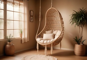 interior design style- reading nook with a hanging rattan chair, cozy floor pouf, and a macrame wall hanging