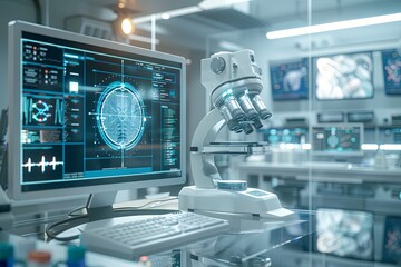Leinwandbilder - A modern medical laboratory with advanced medical equipment, including a high-tech scanner displaying patient data on a large screen. Generative AI