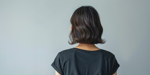 Wall Mural - Back view of a woman with short dark hair wearing a black shirt, standing against a light grey background.