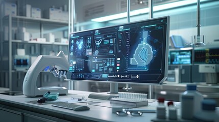 Leinwandbilder - A modern medical laboratory featuring a high-tech computer screen displaying patient data being analyzed by AI-powered diagnostic tools. Generative AI