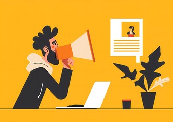 Wall Mural - Vector illustration of a man working on a laptop with a megaphone and positive review, in the style of social media marketing concept vector Illustration for web banner design, in a modern flat style