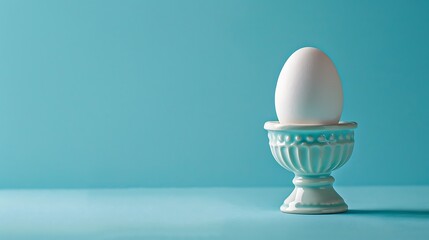 One white egg in egg cup with with an open top ready for eating on blue background