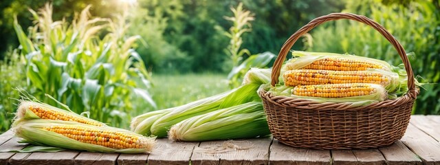 Wall Mural - A basket filled with corn is placed on top of a wooden table, showing the harvest of fresh produce. Healthy food, summer vegetables. Design for banner, poster with copy space. Agricultural natural