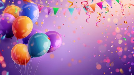 Happy birthday celebration banner with purple background. Birthday balloons with ribbon flying on the background. Birthday greeting card concept.  