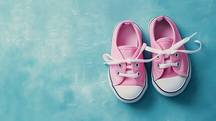 Wall Mural - Pink baby shoes on a blue background