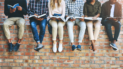 Leinwandbilder - Students, group and books on wall with legs, learning and reading for development at college. People, friends and scholarship for education, information and knowledge for future at university campus