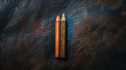 Wall Mural - Colorful pencil on dark leather with shadow