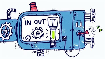 Illustration of programming function concept with machine cogs and wheels, doodle style, representing code mechanics and algorithm processes.