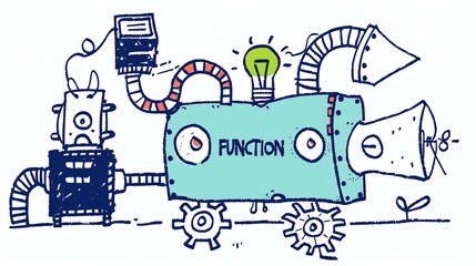 Hand-drawn doodle of a machine with gears, representing the function concept in programming. Ideal for illustrating coding, software development, and algorithm design.