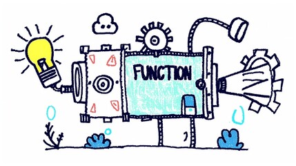 a hand-drawn doodle illustrating a machine with gears, symbolizing the concept of functions in progr