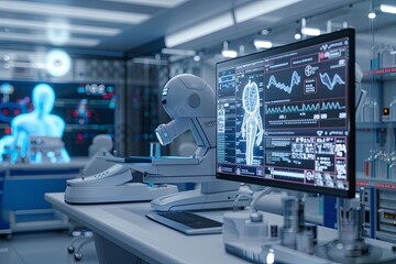 Leinwandbilder - A sterile, advanced medical laboratory showcasing AI-powered diagnostic tools, including a high-tech scanner analyzing patient data on a large screen. Generative AI