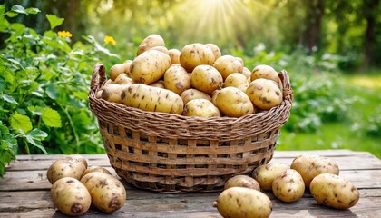 Wall Mural - A basket filled with potatoes is placed on top of a wooden table, showing the harvest of fresh produce. Healthy food, summer vegetables. Design for banner, poster with copy space.
