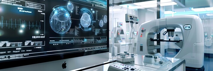 Poster - A modern medical laboratory featuring AI-powered diagnostic tools. A high-tech scanner analyzes patient data on a large screen. Generative AI