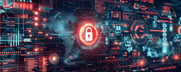 Panoramic view of padlock on the motherboard. Computer code, data security and password concept.