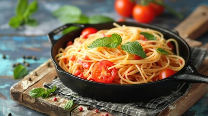 Wall Mural - Spaghetti with Tomato Sauce in a Black Pan