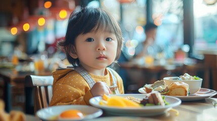 Photo of a cute Asian child eating breakfast in a restaurant.