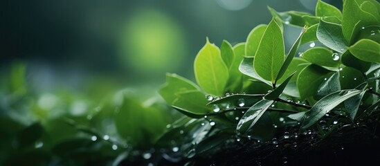 Aufkleber - Water droplets on the green leaves. Creative banner. Copyspace image