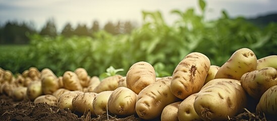 Aufkleber - Farm garden with green potatoes during ripening Industrial business in rural areas Stock background photo. Creative banner. Copyspace image