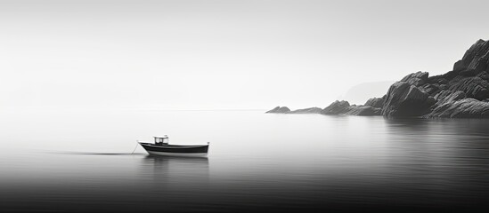 Poster - Black and white image of the boat on the smooth water floating to the rocky shore with a view of the fog on the horizon. Creative banner. Copyspace image