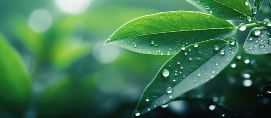 Aufkleber - small leaves with water drops and a room for your ads message topic. Creative banner. Copyspace image