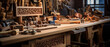 © Wonderful Studio - A woodworking shop with many tools and pieces of wood on a table