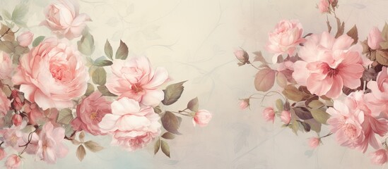 Poster - Collage of summer blossoming roses blooming roses vintage background pastel and soft card. Creative banner. Copyspace image