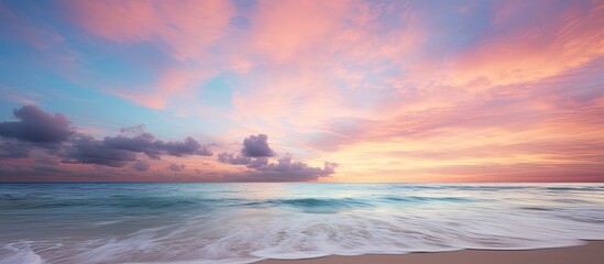 Poster - Blurred image of beautiful colored sky during afternoon in nature beach. Creative banner. Copyspace image