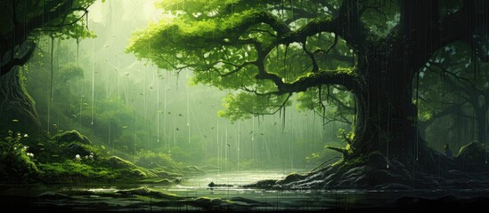 Wall Mural - the rainy season that will change the trees and leaves to be green moisture growth. creative banner.