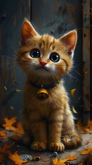 A digital of a playful ginger kitten with big round eyes and a bell around its neck sitting amidst a cozy autumn themed background filled with colorful leaves  The image has a whimsical