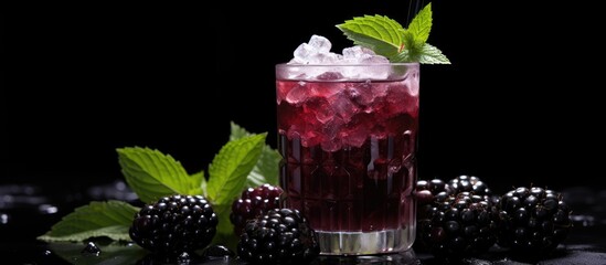 Canvas Print - fresh blackberry juice decorated with blackberry sugar and leaves. creative banner. copyspace image